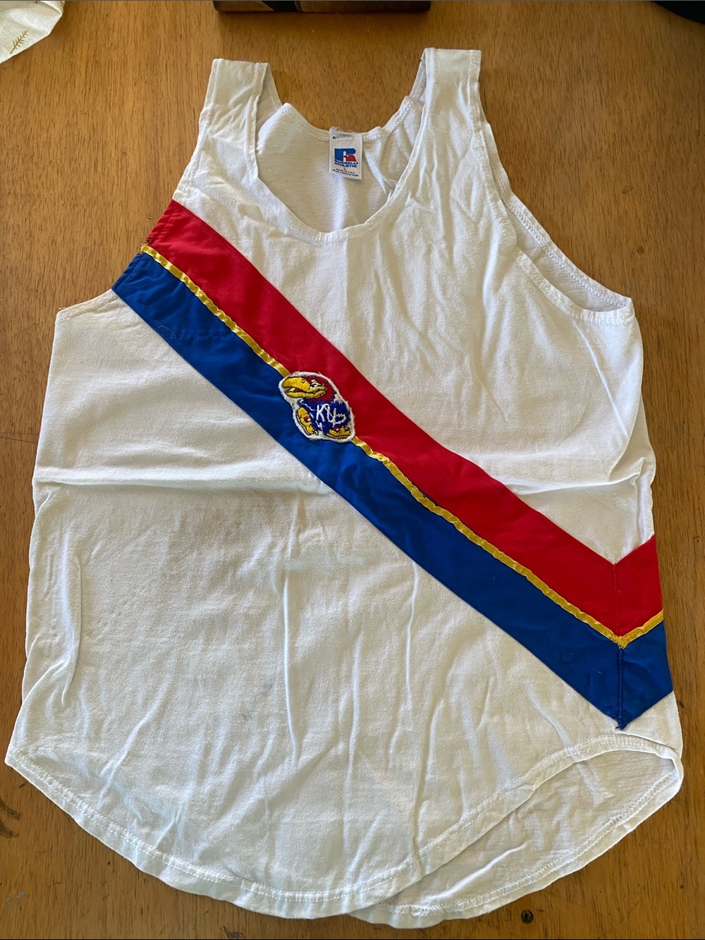 Vintage Russell KU Rowing White Tank with Red & Blue Diagonal Stripes